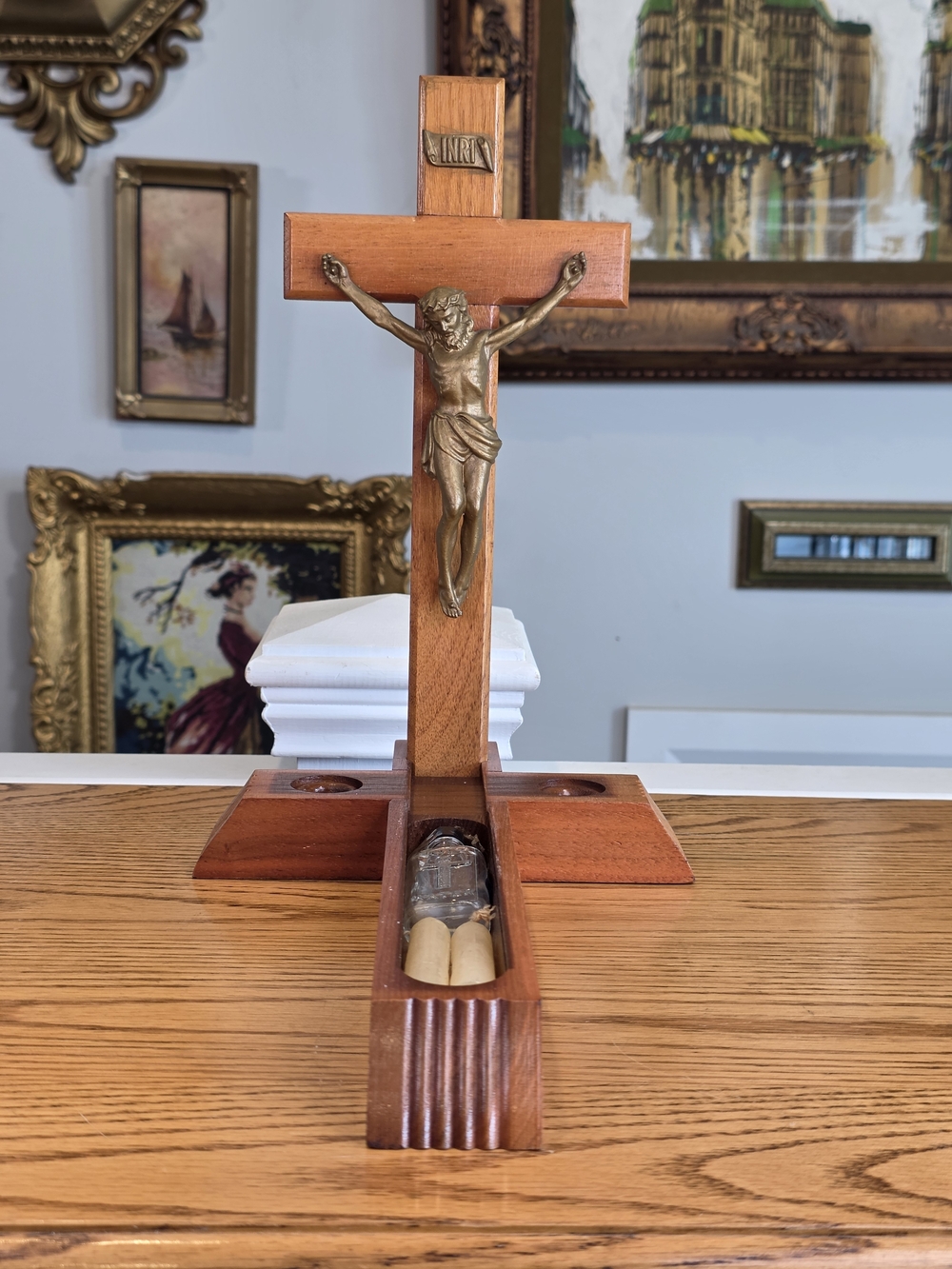 Vintage Mid-Century French Wood sick call crucifix / standing altar cross